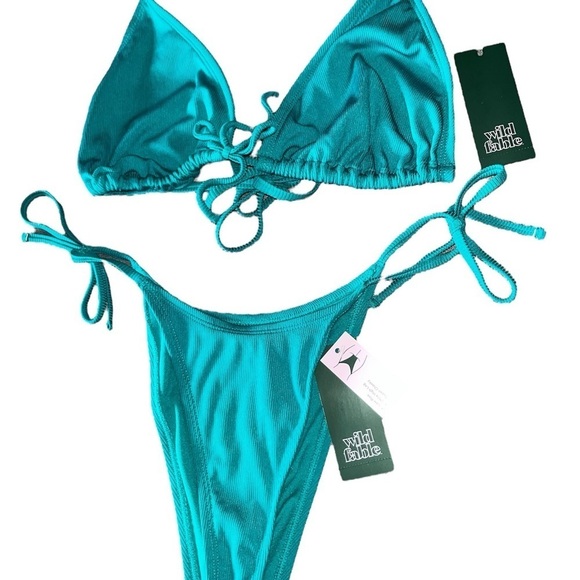 NWT Wild Fable XL / XXS Ribbed Teal Halter Triangle Bikini SET Side Tie Cheeky - Picture 6 of 13